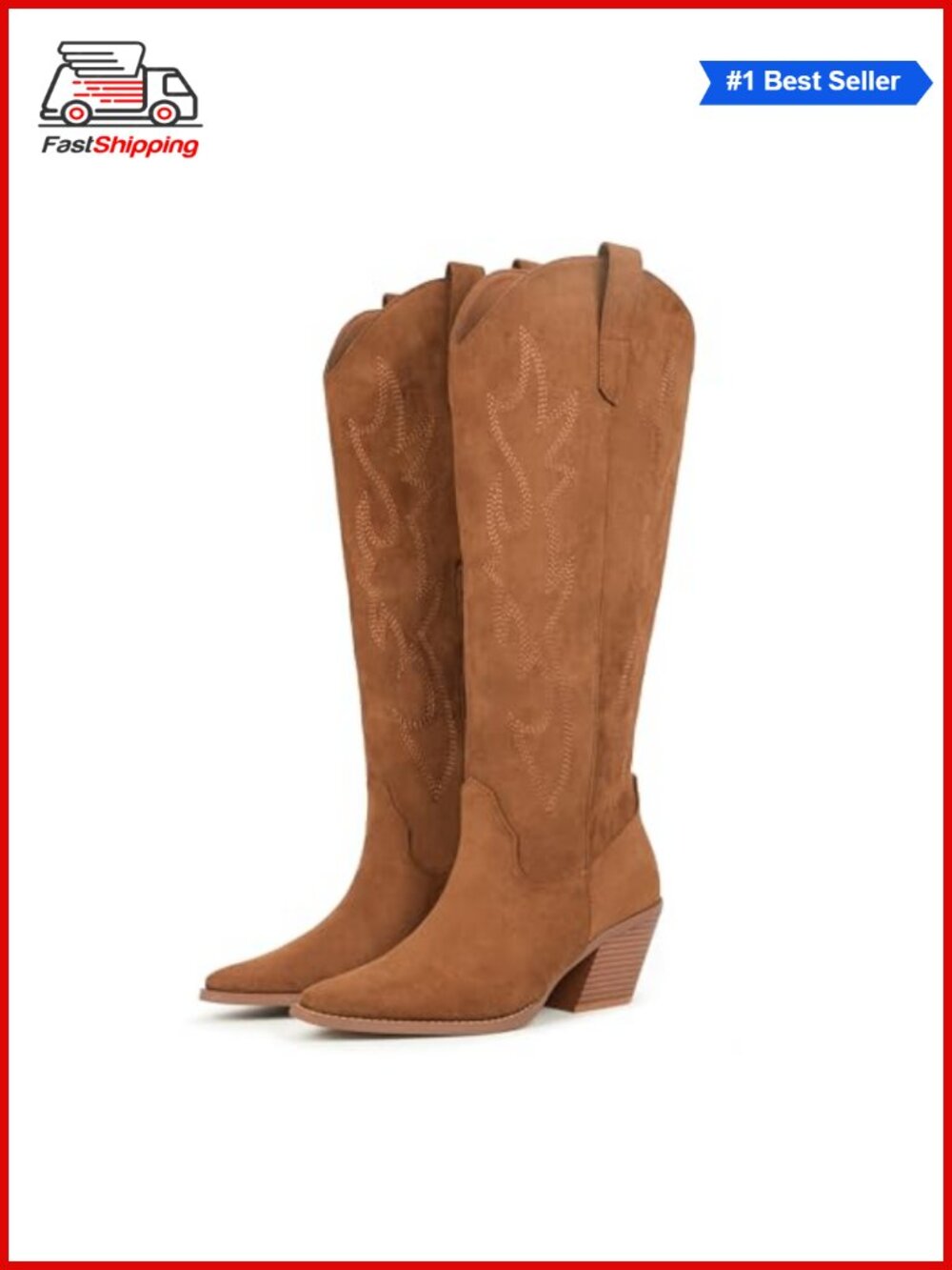 ✨Gemialle Cowgirl Boots Women Knee High Snip Toe Block Heel Suede Faux Leather